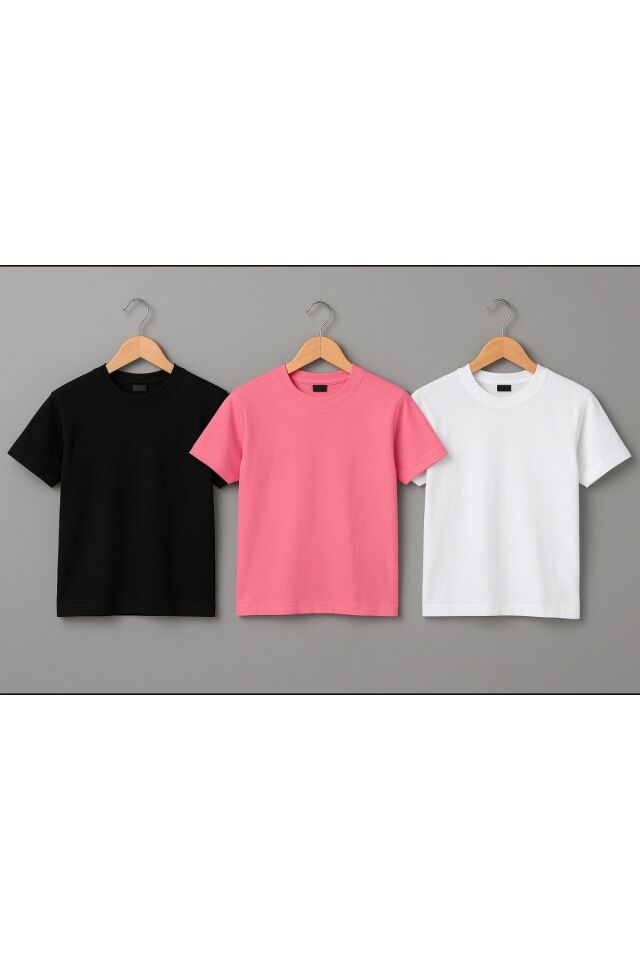 3lü Kız Çocuk Baskısız T-şört Kampanyalı Fırsat Ürün Siyah-Pembe-Beyaz - 11-12 Yaş