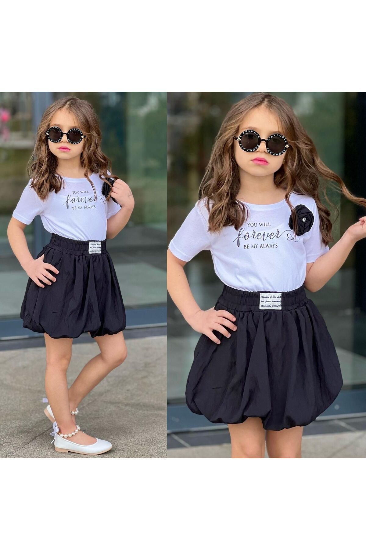 Forever Gül Balon T-shirt Etek 2 kili Kiz Takim Siyah - 9-10 Yaş