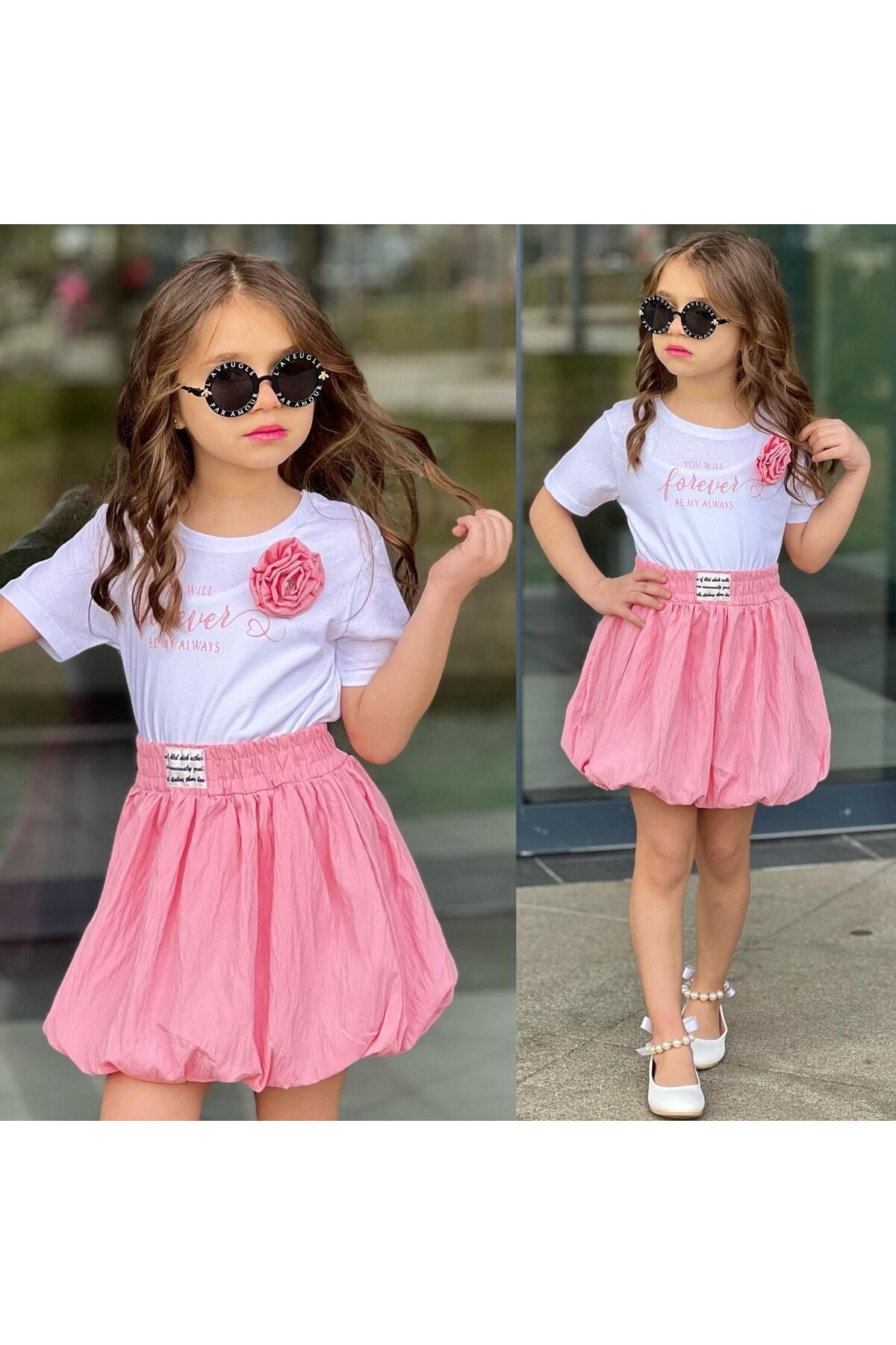 Forever Gül Balon T-shirt Etek 2 kili Kiz Takim Pembe - 4-5 Yaş