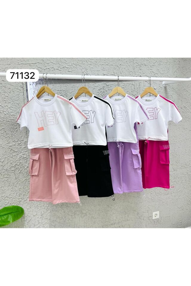 İspanyol Paca Kargo Cepli Baskılı 2li Kız Çocuk takım Beyaz-Lila - 7-8 Yaş