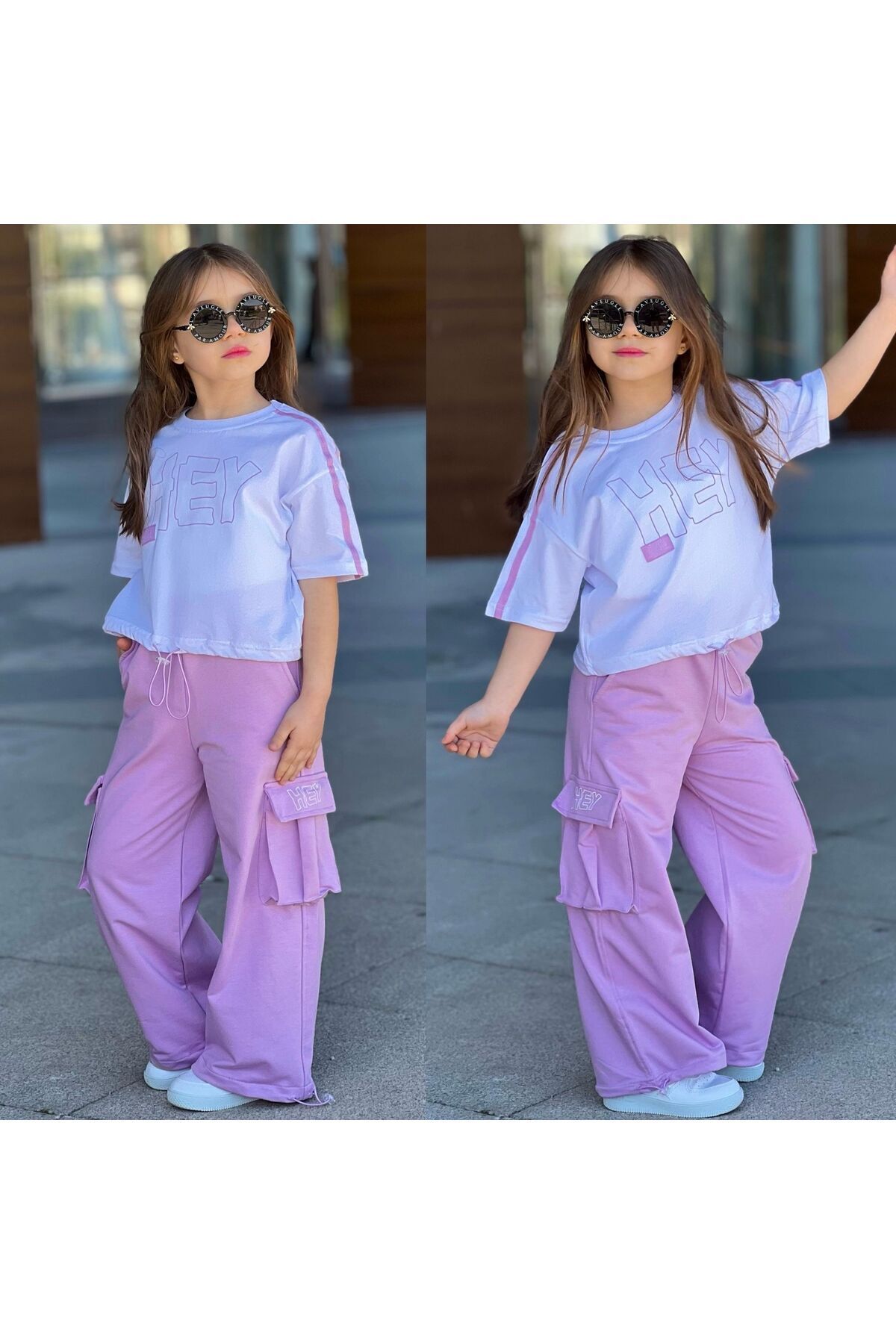 İspanyol Paca Kargo Cepli Baskılı 2li Kız Çocuk takım Beyaz-Lila - 7-8 Yaş