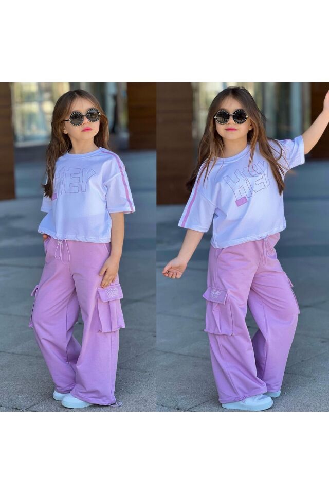 İspanyol Paca Kargo Cepli Baskılı 2li Kız Çocuk takım Beyaz-Lila - 11-12 Yaş