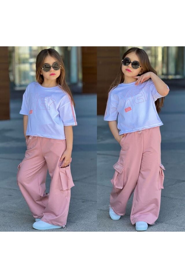 İspanyol Paca Kargo Cepli Baskılı 2li Kız Çocuk takım Beyaz-Putra - 11-12 Yaş