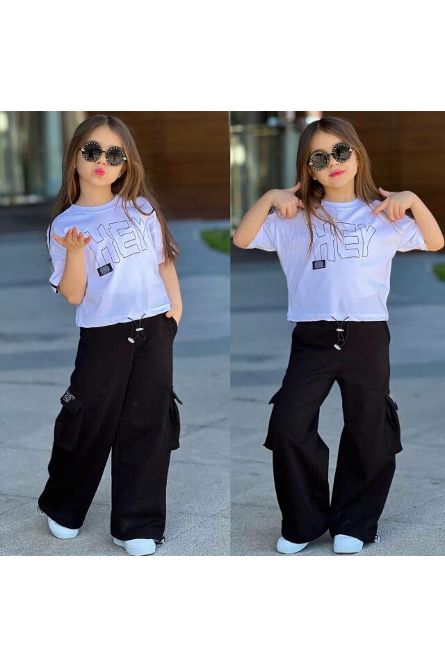 İspanyol Paca Kargo Cepli Baskılı 2li Kız Çocuk takım Beyaz-Siyah - 11-12 Yaş