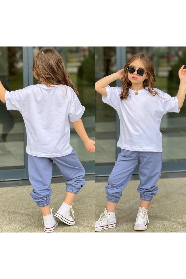 tişort eşofman alt üst 2 li baskısız kız çocuk takım beyaz-pembe - 7-8 Yaş