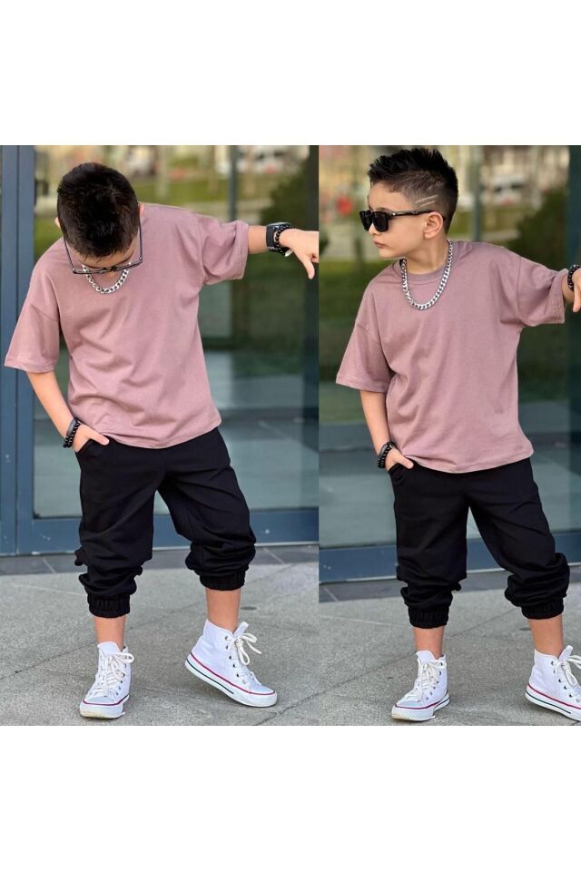 tişort eşofman alt üst 2 li baskısız kız çocuk takım kahve-siyah - 7-8 Yaş