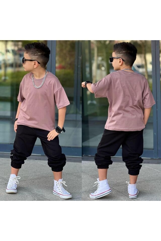 tişort eşofman alt üst 2 li baskısız kız çocuk takım kahve-siyah - 7-8 Yaş