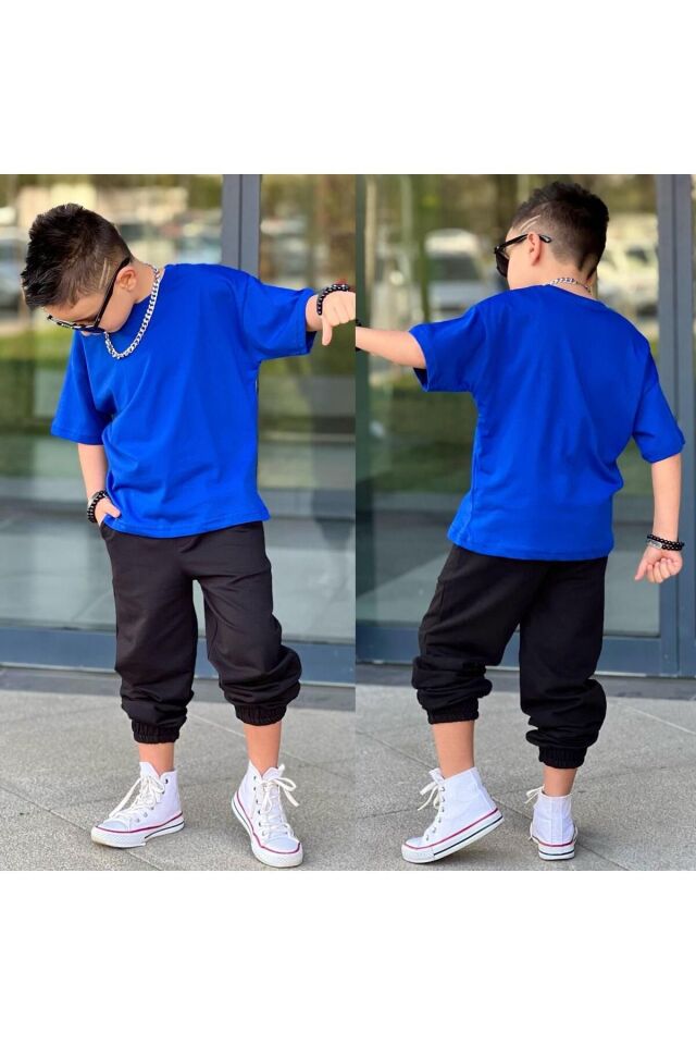 tişort eşofman alt üst 2 li baskısız kız çocuk takım mavi-siyah - 5-6 Yaş