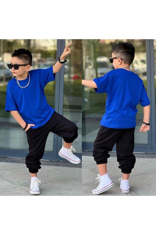 tişort eşofman alt üst 2 li baskısız kız çocuk takım mavi-siyah - 5-6 Yaş