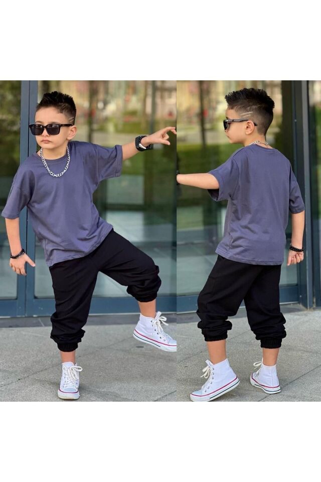 tişort eşofman alt üst 2 li baskısız kız çocuk takım füme-siyah - 9-10 Yaş