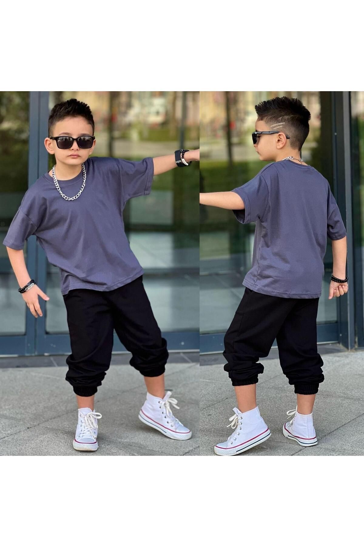 tişort eşofman alt üst 2 li baskısız kız çocuk takım füme-siyah - 9-10 Yaş