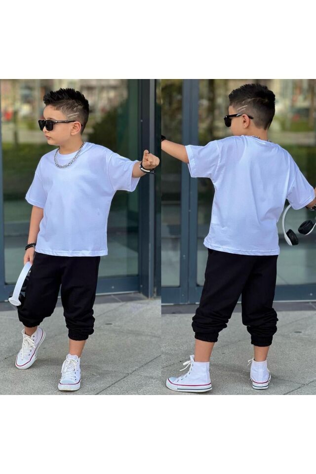 tişort eşofman alt üst 2 li baskısız kız çocuk takım beyaz-siyah - 11-12 Yaş