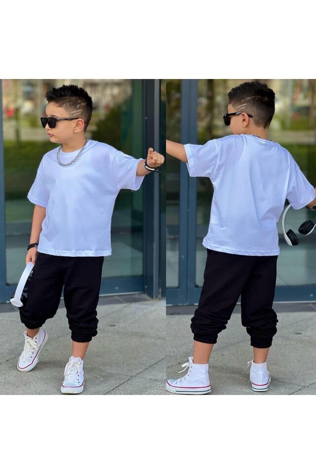 tişort eşofman alt üst 2 li baskısız kız çocuk takım beyaz-siyah - 3-4 Yaş