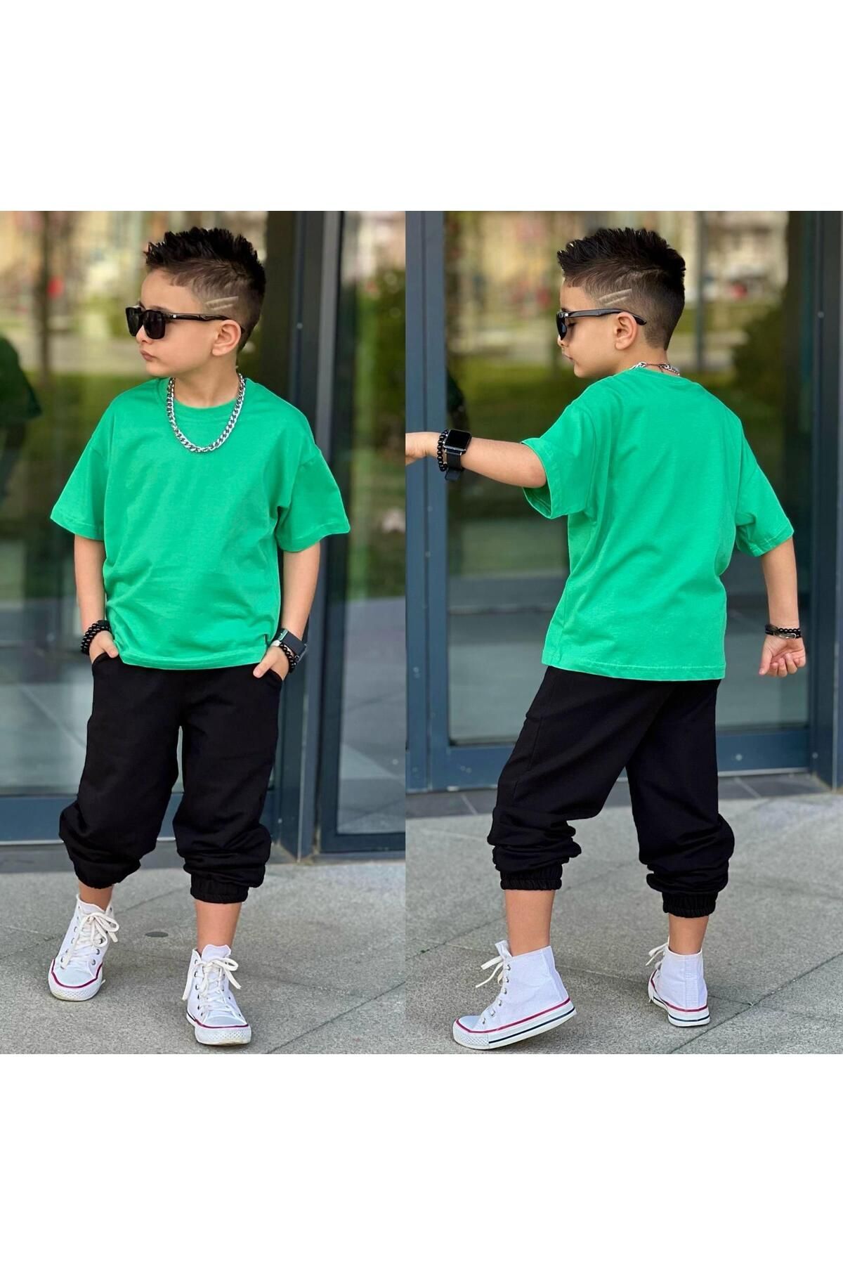 tişort eşofman alt üst 2 li baskısız kız çocuk takım yeşil_siyah - 7-8 Yaş