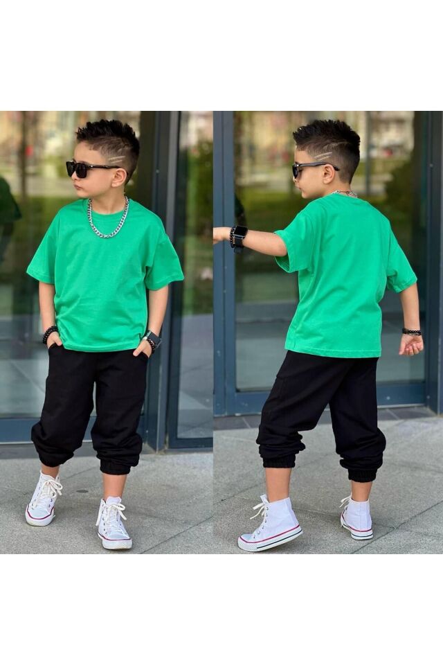 tişort eşofman alt üst 2 li baskısız kız çocuk takım yeşil_siyah - 7-8 Yaş