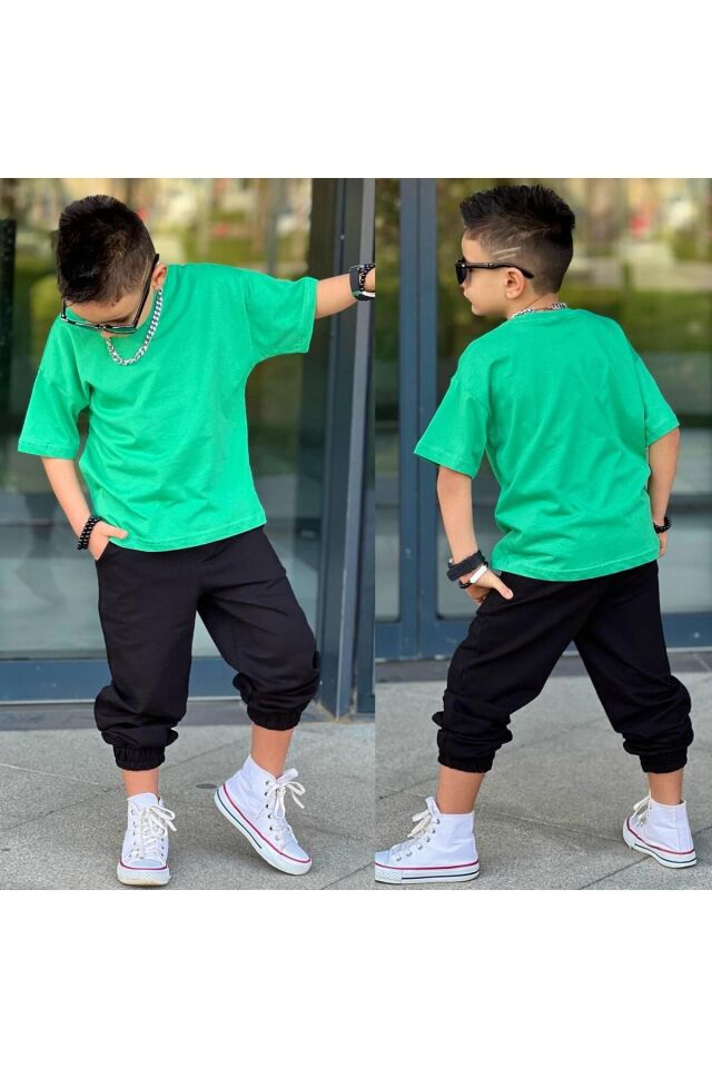 tişort eşofman alt üst 2 li baskısız kız çocuk takım yeşil_siyah - 9-10 Yaş