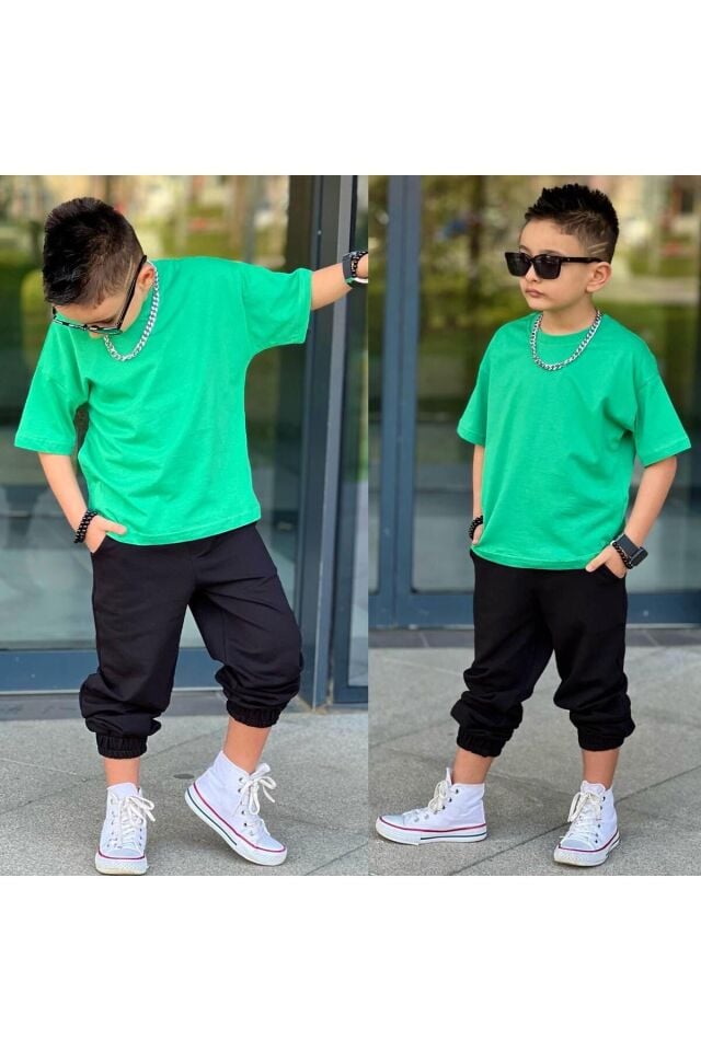 tişort eşofman alt üst 2 li baskısız kız çocuk takım yeşil_siyah - 3-4 Yaş