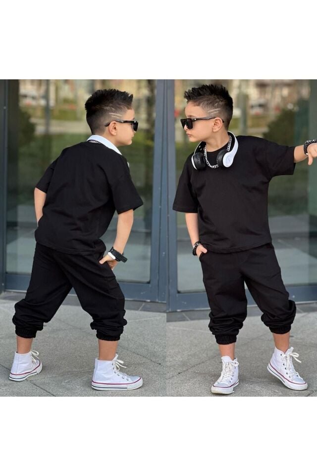 tişort eşofman alt üst 2 li baskısız kız çocuk takım siyah-siyah - 11-12 Yaş