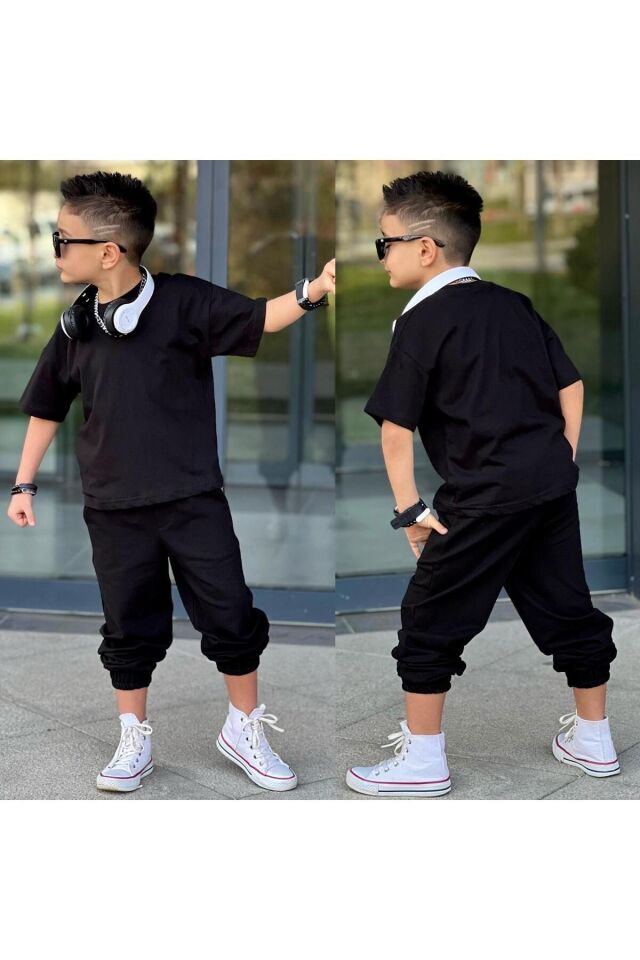 tişort eşofman alt üst 2 li baskısız kız çocuk takım siyah-siyah - 3-4 Yaş