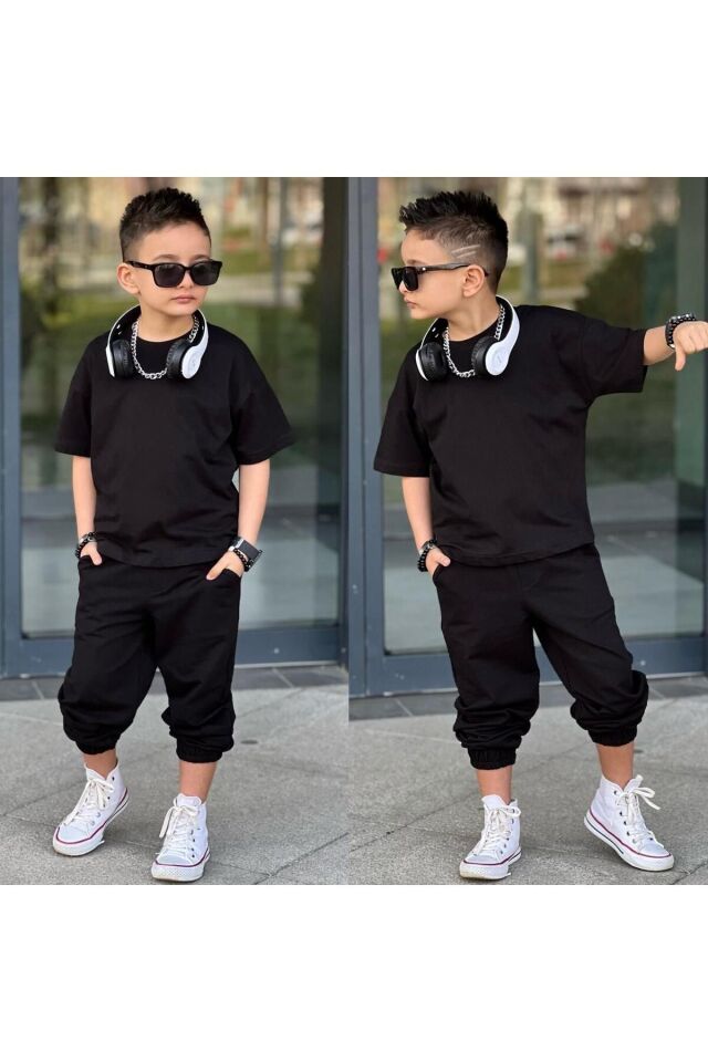 tişort eşofman alt üst 2 li baskısız kız çocuk takım siyah-siyah - 3-4 Yaş