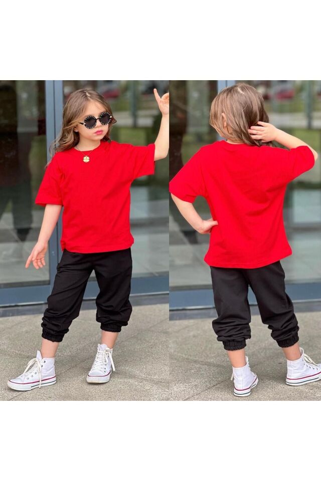 tişort eşofman alt üst 2 li baskısız kız çocuk takım kırmızı-siyah - 11-12 Yaş