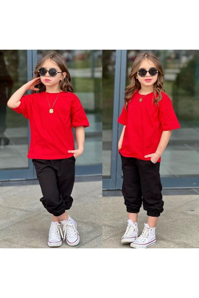 tişort eşofman alt üst 2 li baskısız kız çocuk takım kırmızı-siyah - 3-4 Yaş