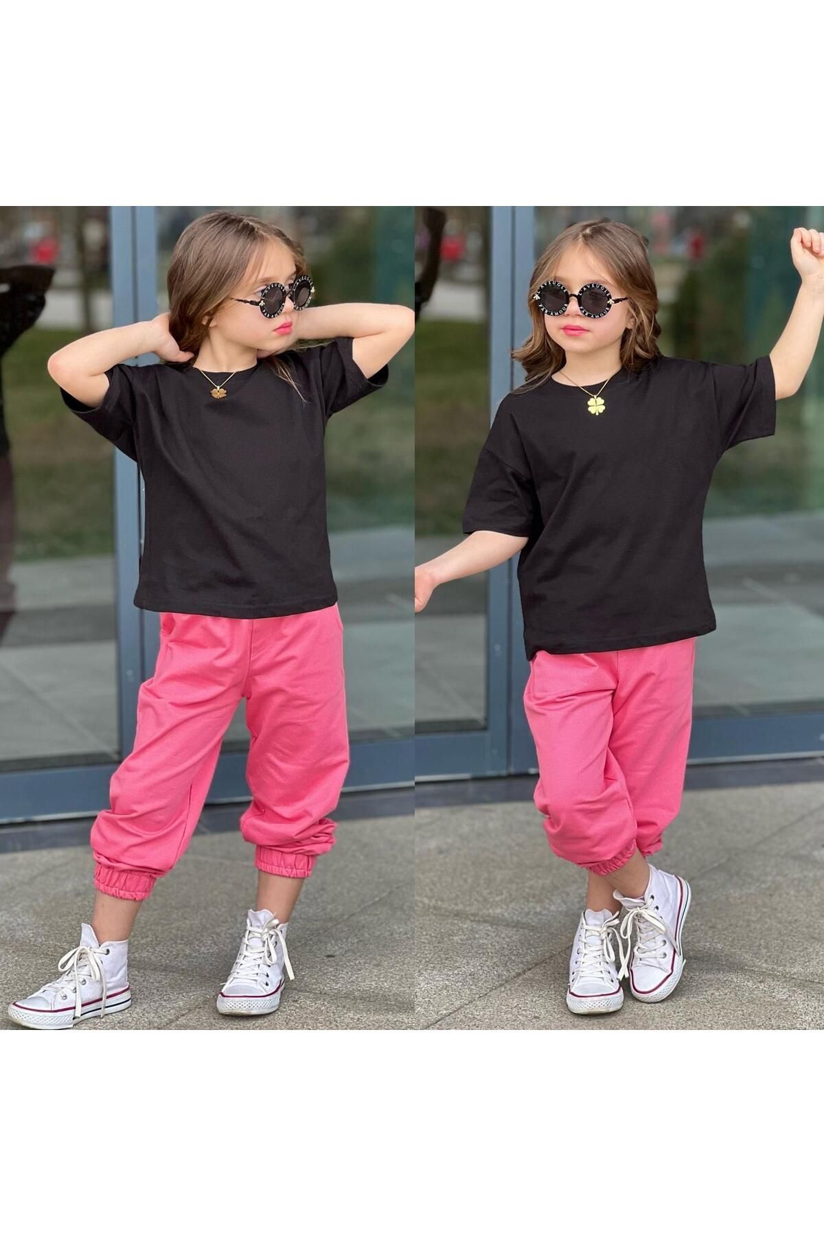 tişort eşofman alt üst 2 li baskısız kız çocuk takım siyah-fuşya - 3-4 Yaş