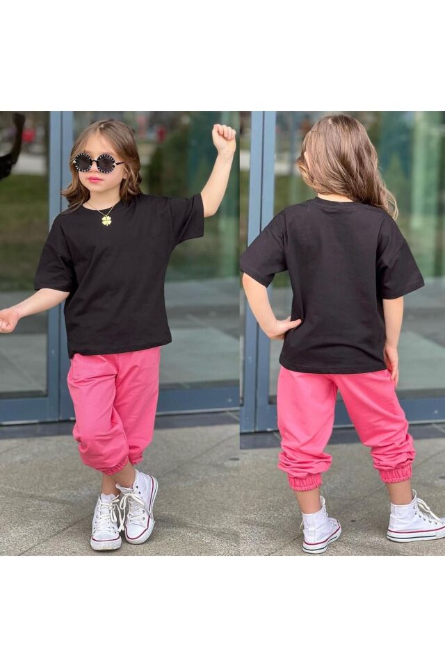 tişort eşofman alt üst 2 li baskısız kız çocuk takım siyah-fuşya - 11-12 Yaş