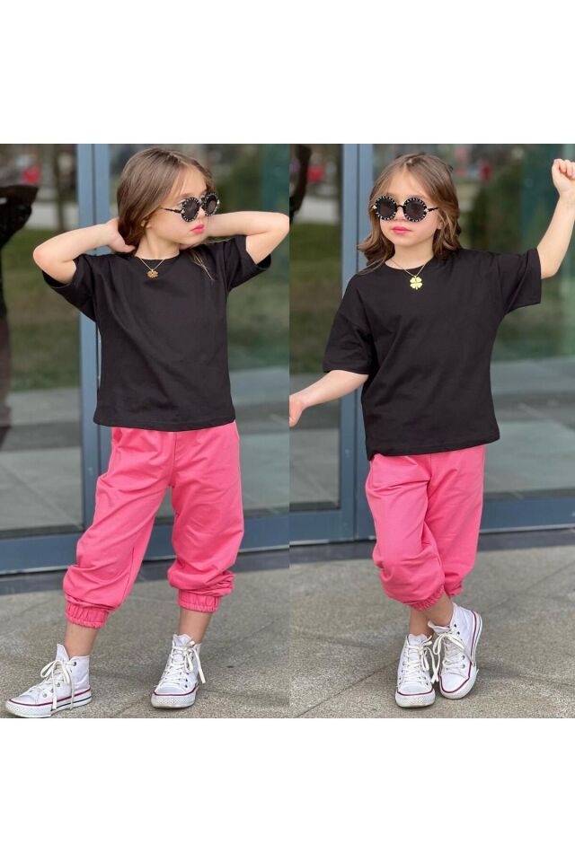 tişort eşofman alt üst 2 li baskısız kız çocuk takım siyah-mavi - 5-6 Yaş