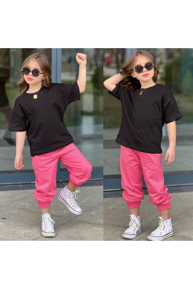 tişort eşofman alt üst 2 li baskısız kız çocuk takım pembe-siyah - 3-4 Yaş