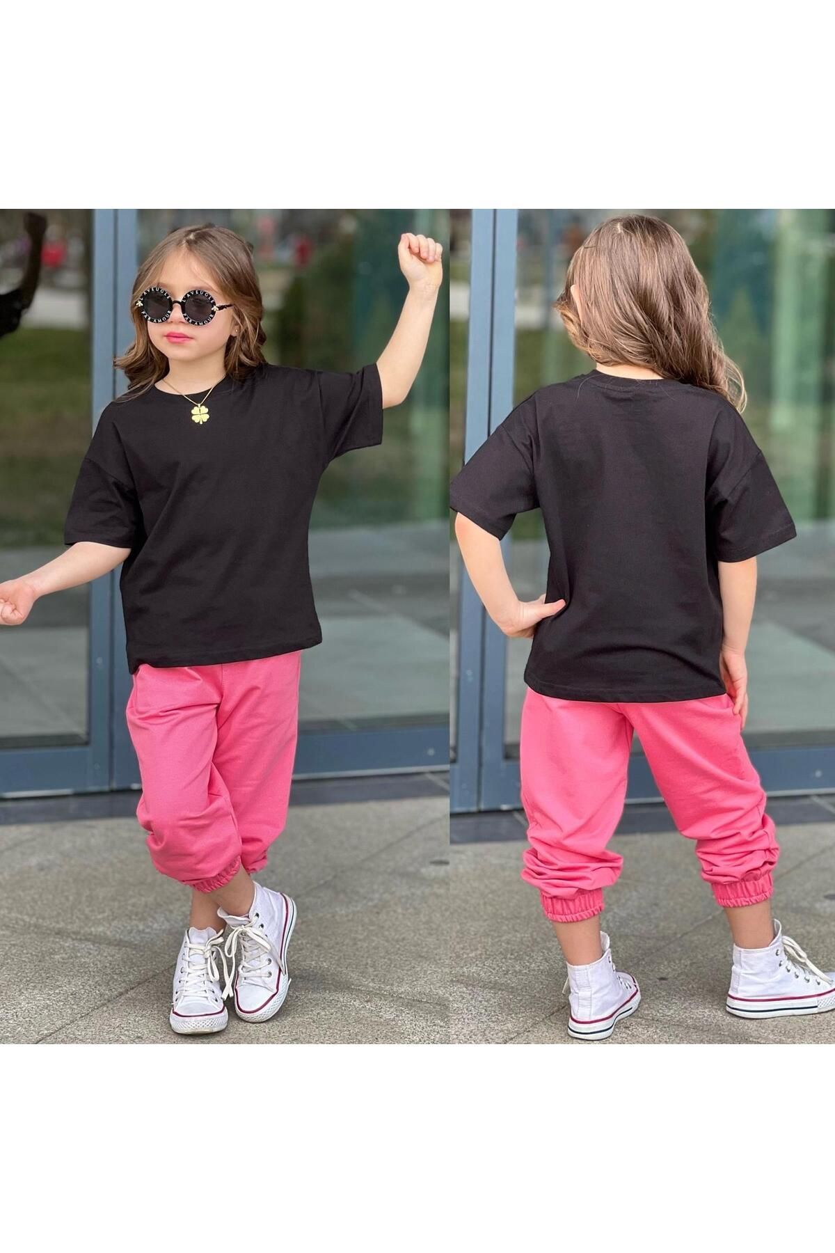 tişort eşofman alt üst 2 li baskısız kız çocuk takım pembe-siyah - 3-4 Yaş