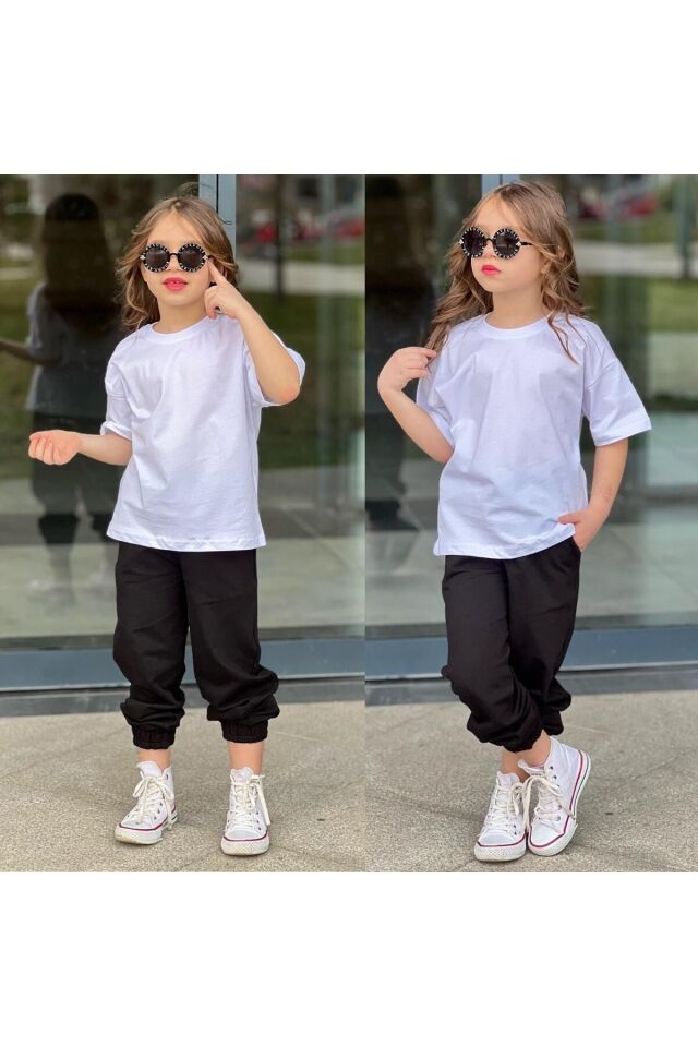 tişort eşofman alt üst 2 li baskısız kız çocuk takım beyaz-siyah - 3-4 Yaş