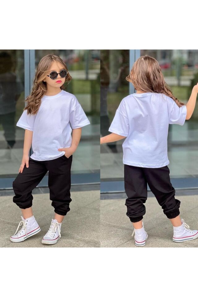 tişort eşofman alt üst 2 li baskısız kız çocuk takım beyaz-siyah - 11-12 Yaş