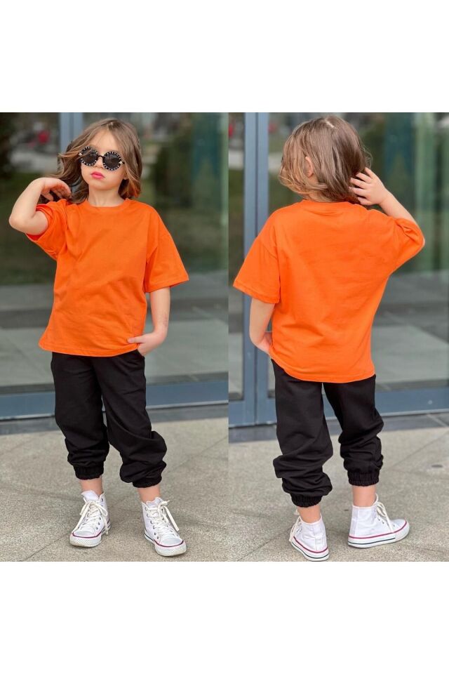 tişort eşofman alt üst 2 li baskısız kız çocuk takım turuncu_siyah - 3-4 Yaş