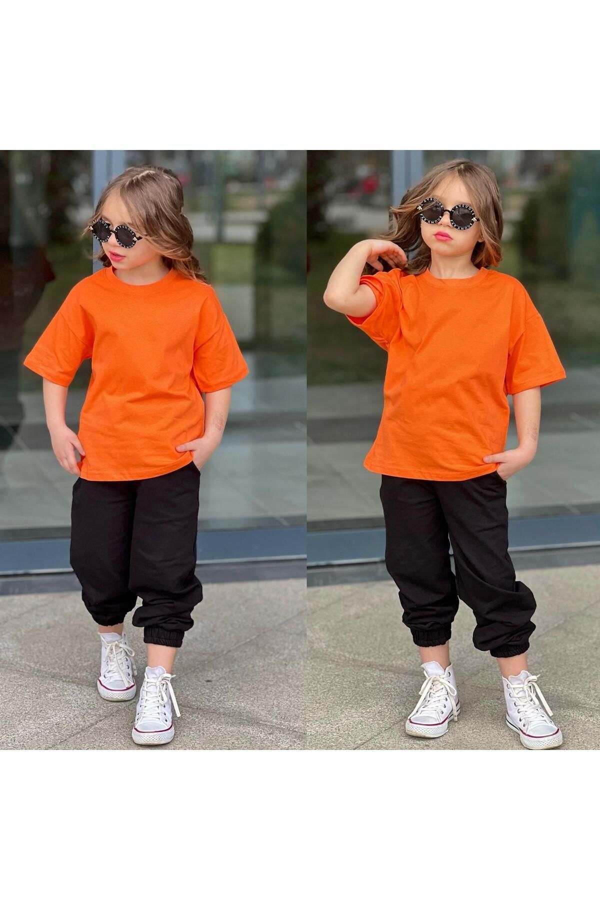 tişort eşofman alt üst 2 li baskısız kız çocuk takım turuncu_siyah - 3-4 Yaş