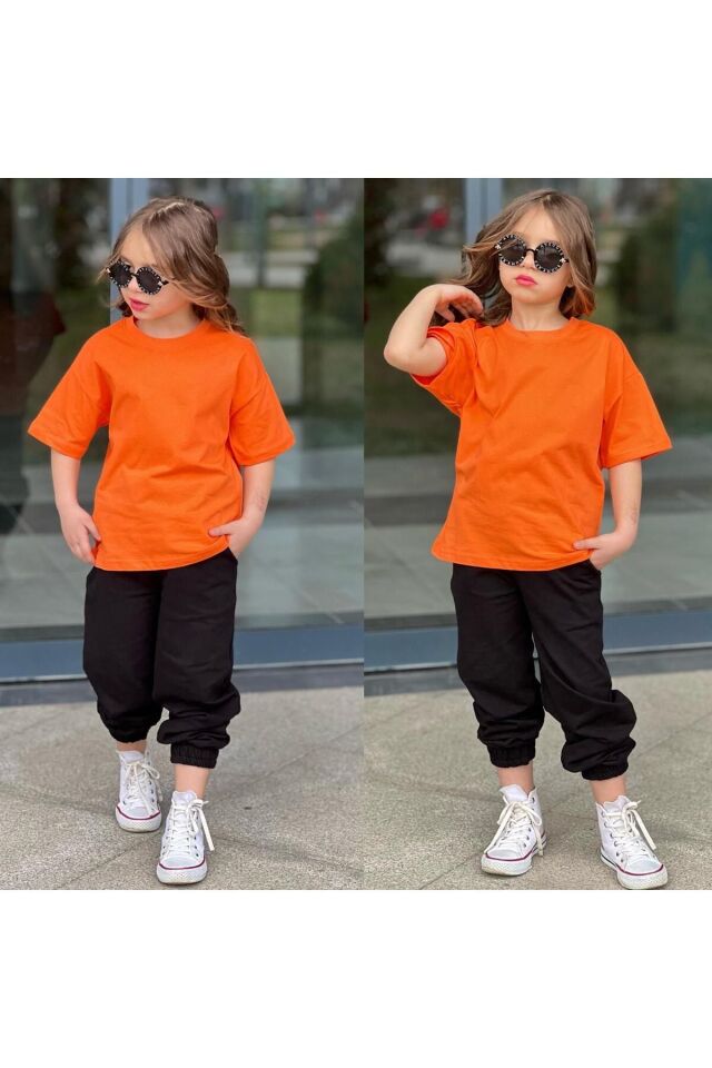 tişort eşofman alt üst 2 li baskısız kız çocuk takım turuncu_siyah - 3-4 Yaş
