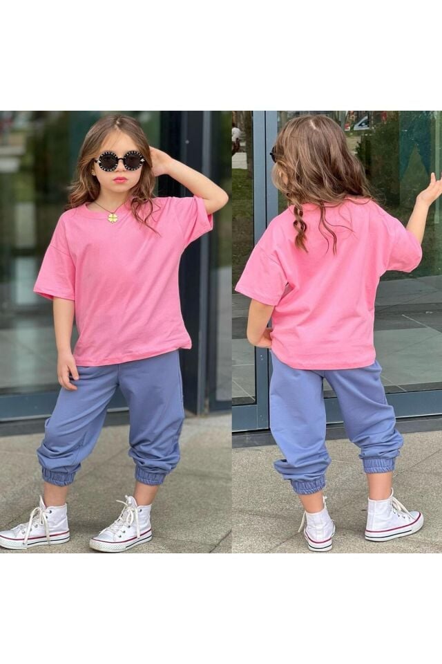 tişort eşofman alt üst 2 li baskısız kız çocuk takım pembe-mavi - 9-10 Yaş