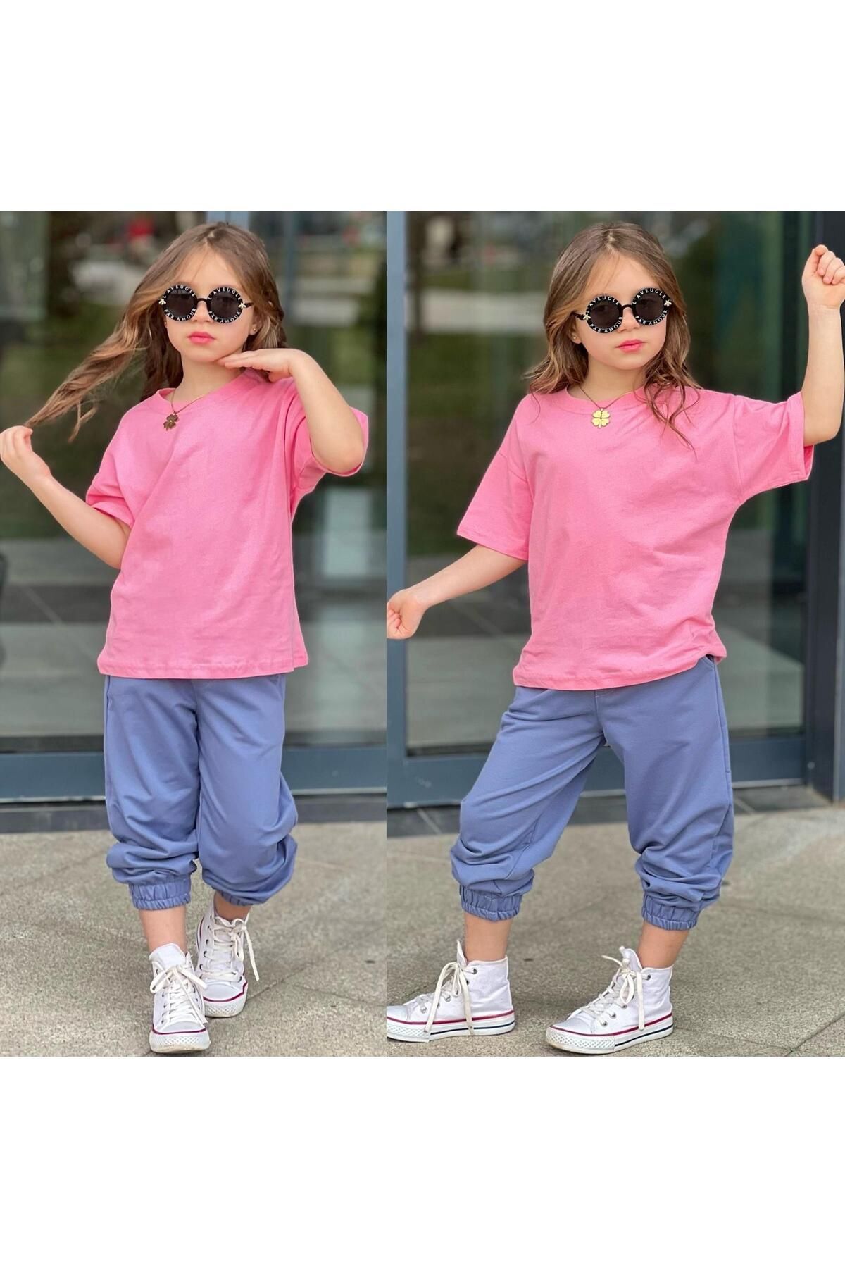 tişort eşofman alt üst 2 li baskısız kız çocuk takım pembe-fusya - 11-12 Yaş