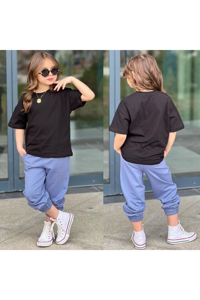 tişort eşofman alt üst 2 li baskısız kız çocuk takım siyah-mavi - 3-4 Yaş