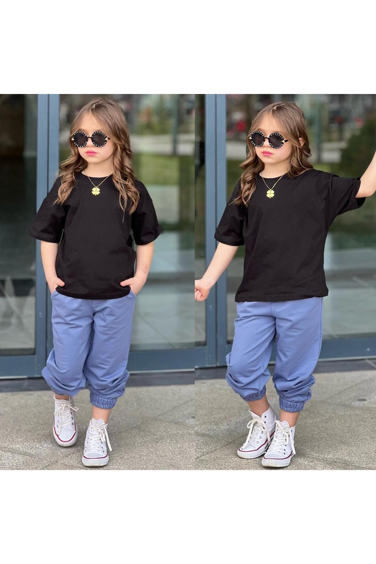 tişort eşofman alt üst 2 li baskısız kız çocuk takım siyah-mavi - 3-4 Yaş