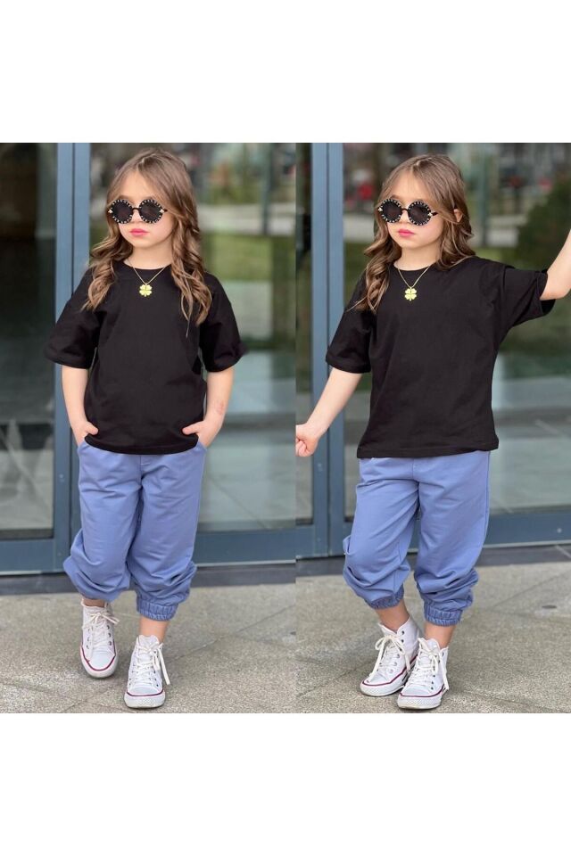 tişort eşofman alt üst 2 li baskısız kız çocuk takım siyah-mavi - 3-4 Yaş