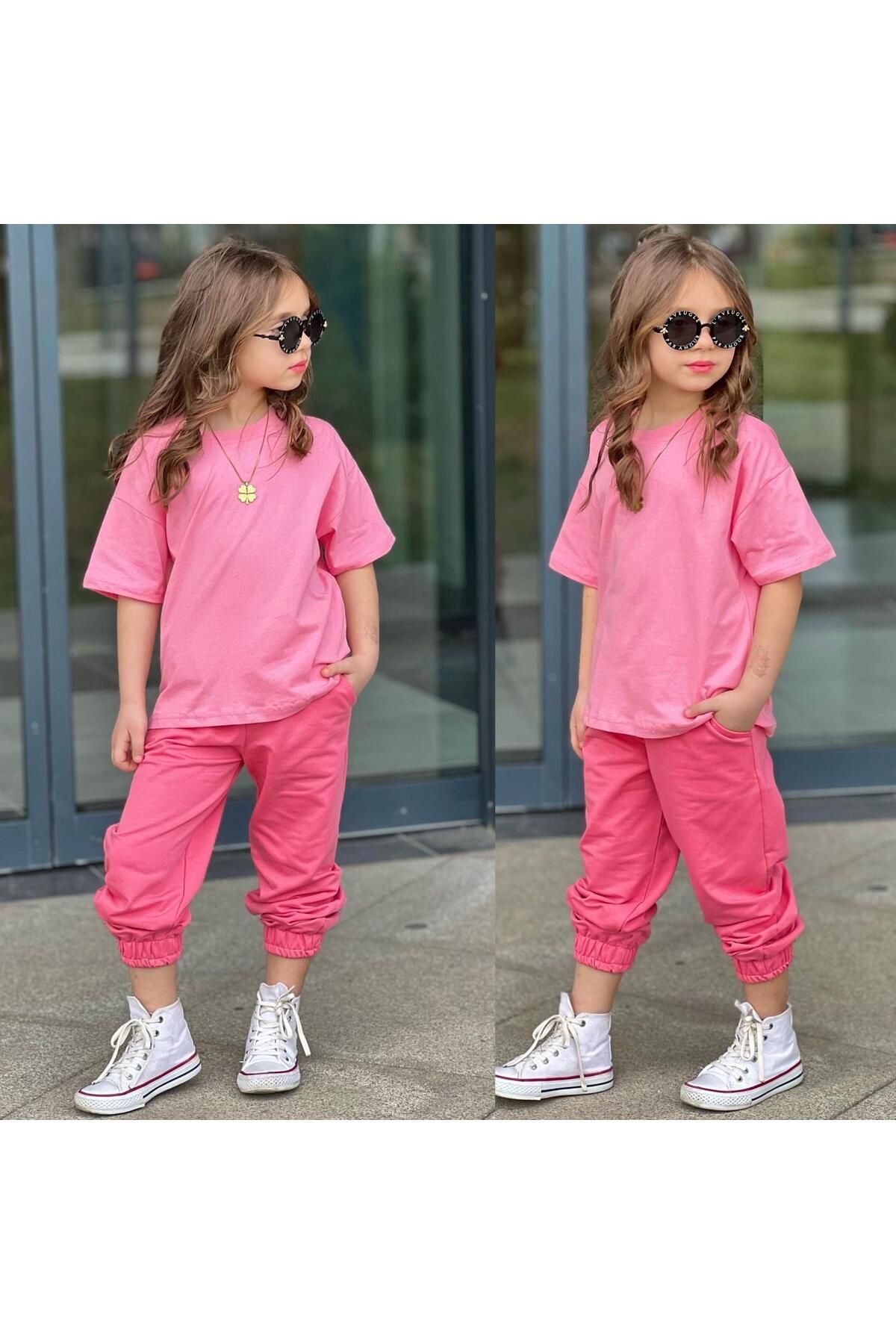 tişort eşofman alt üst 2 li baskısız kız çocuk takım pembe-fusya - 9-10 Yaş