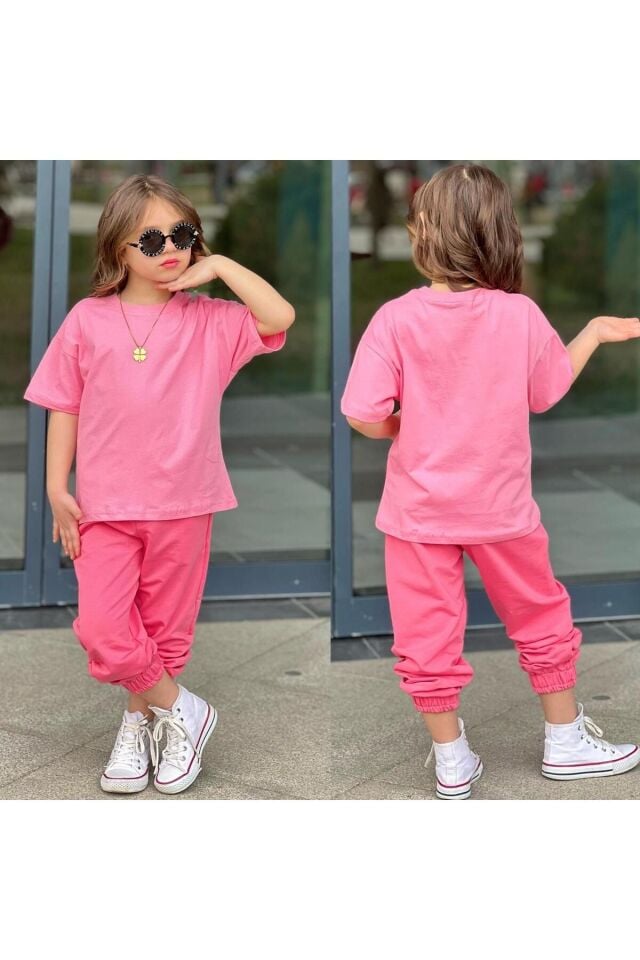 tişort eşofman alt üst 2 li baskısız kız çocuk takım pembe-fusya - 3-4 Yaş