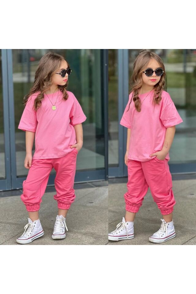 tişort eşofman alt üst 2 li baskısız kız çocuk takım pembe-fusya - 3-4 Yaş