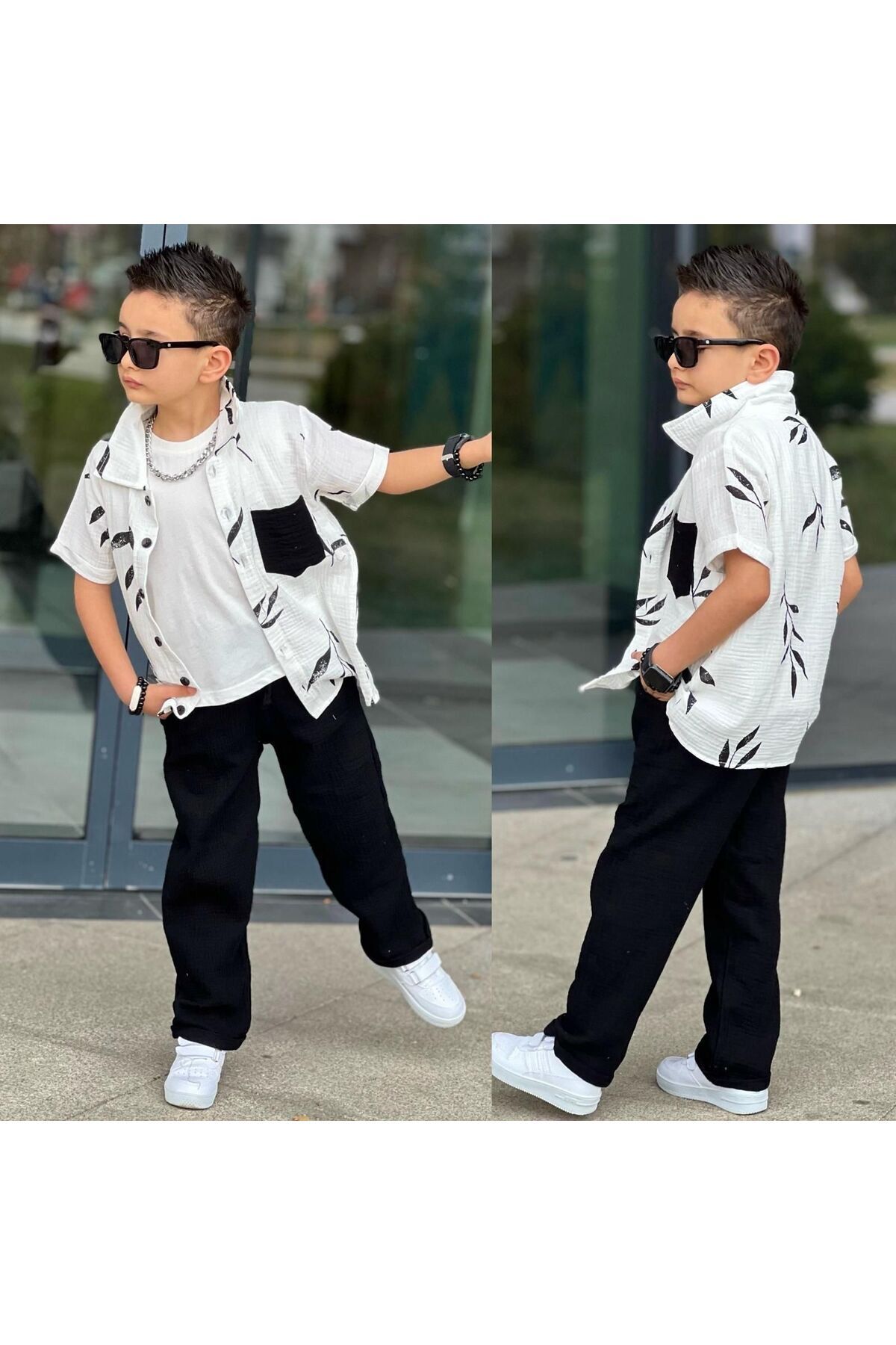 gömlek müslin kumaş 3 kombin Siyah - 4-5 Yaş