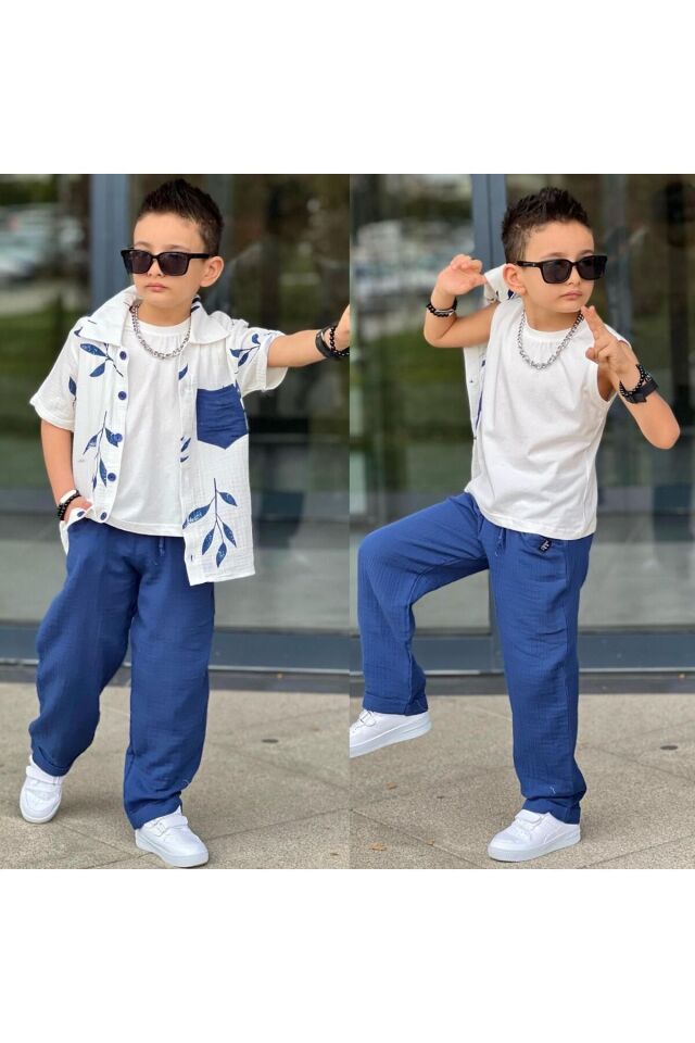 gömlek müslin kumaş 3 kombin Lacivert - 7-8 Yaş