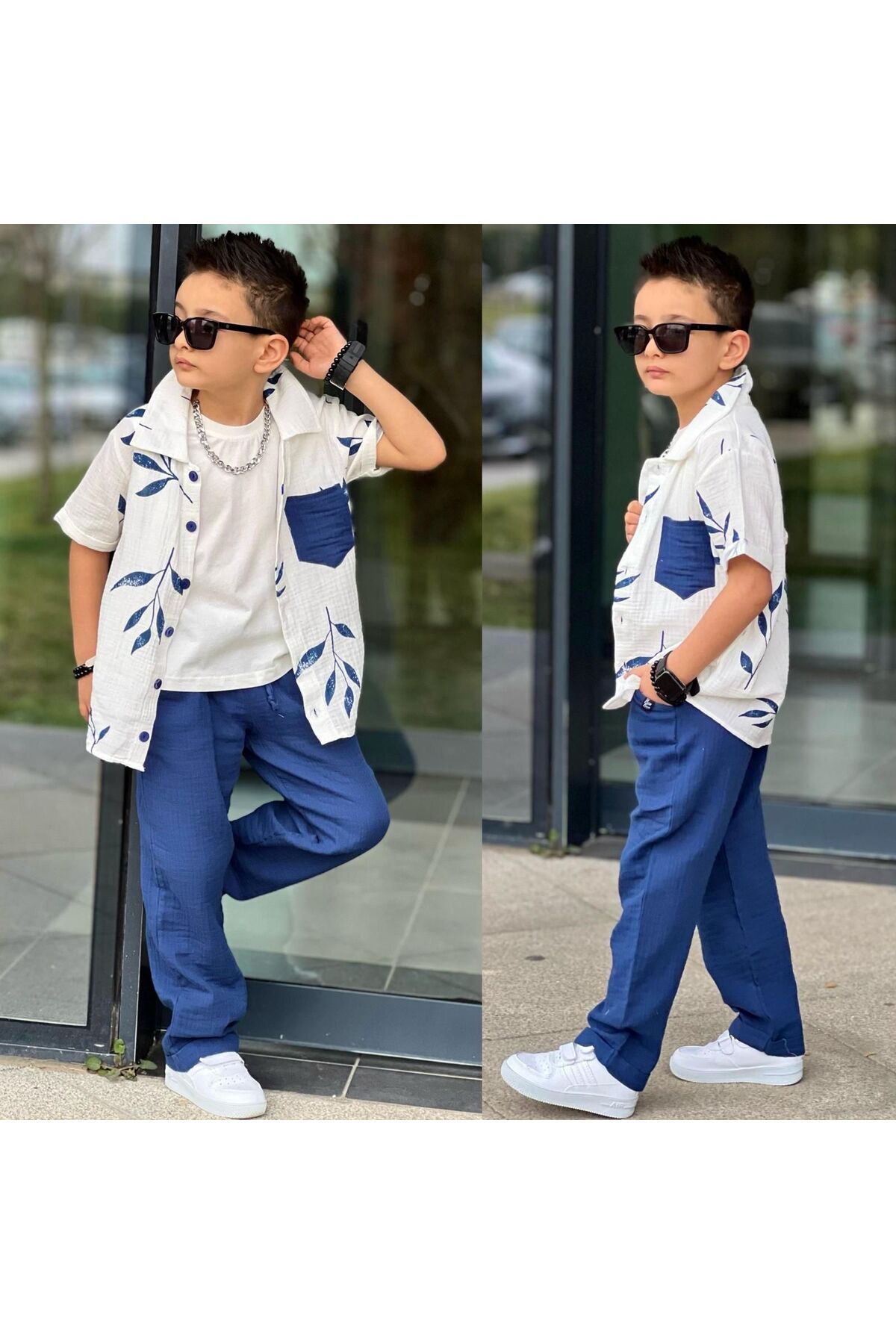 gömlek müslin kumaş 3 kombin Lacivert - 7-8 Yaş