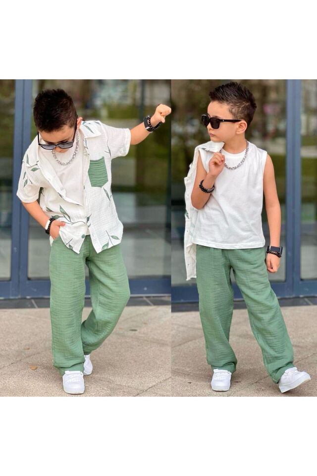 gömlek müslin kumaş 3 kombin Yeşil - 9-10 Yaş