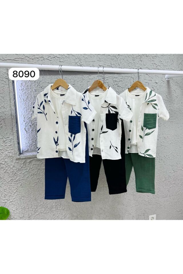 gömlek müslin kumaş 3 kombin Yeşil - 9-10 Yaş