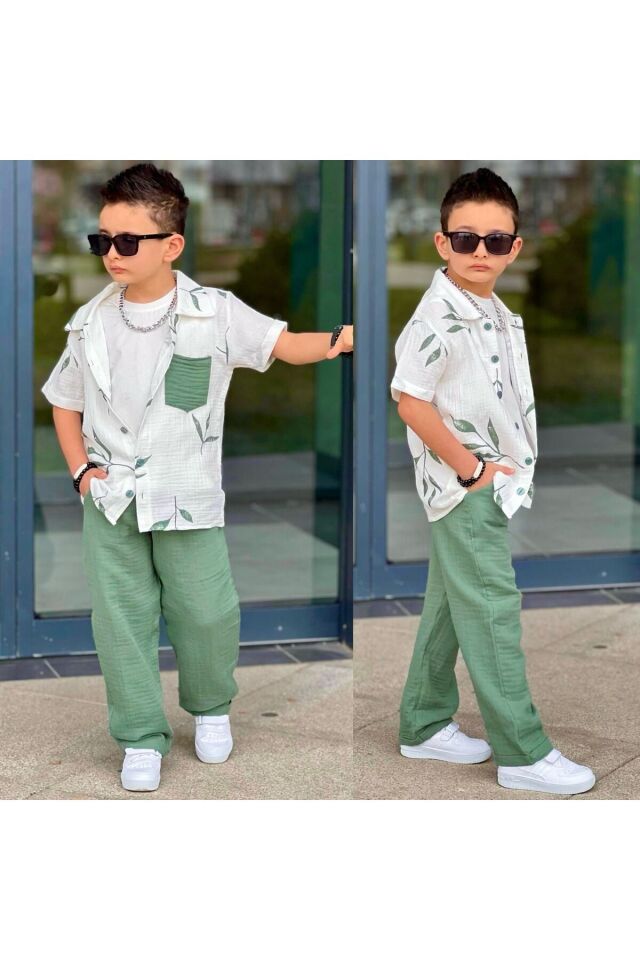 gömlek müslin kumaş 3 kombin Yeşil - 9-10 Yaş